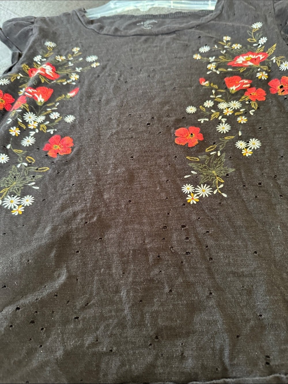 Alya Black Red Floral Top Flutter Sleeve Intentional Holes Dark Boho Grunge L - Picture 3 of 8